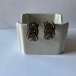 Chunky braided silver & gold clip-on earrings, Size: 1”H x 1/2”W